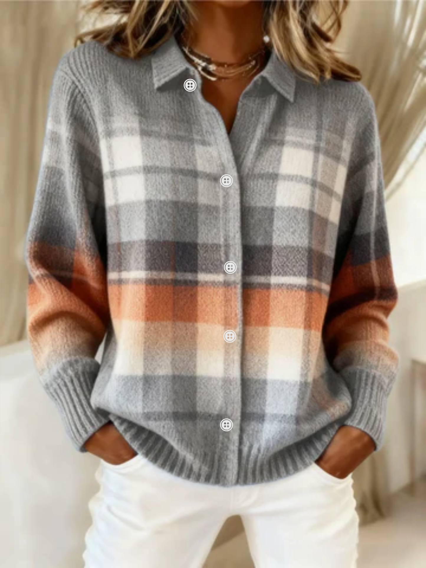 Elena™ – Checked Hoodie Blouse in Soft Tones