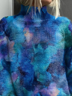 Abstract Watercolor Floral Pattern Printed Knit Turtleneck Pullover Sweater