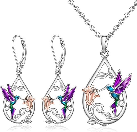 Beautiful Hummingbird Necklace for Women with Bonus Earrings