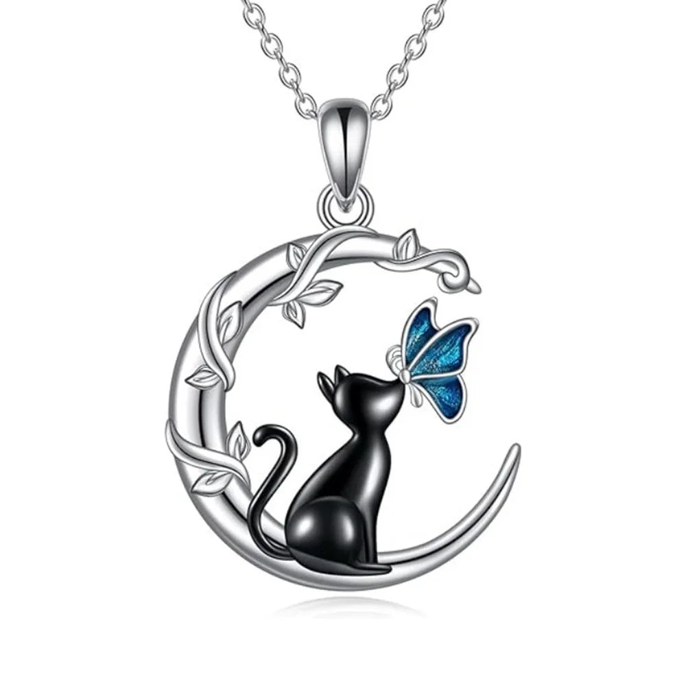 Luxury Female Crystal Stone Moon Cat Butterfly Pendant Necklace Vintage Silver Color Wedding Jewelry For Women