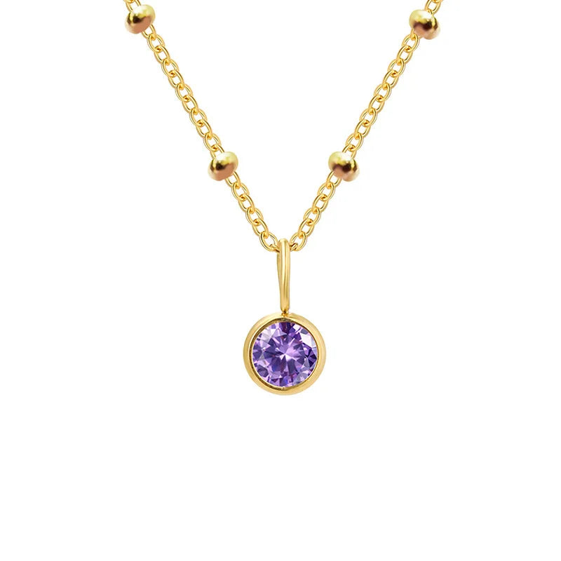 Stainless Steel Danity Birthstone Necklace Beaded Chain Choker Zirconia Jewelry Constellation Birthday Gift
