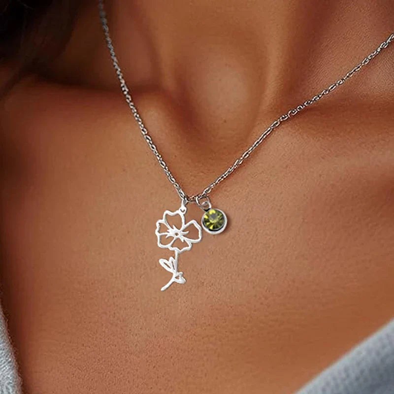 12 Months Birthstone Birth Flower Necklace For Women Stainless Steel Jewelry Birthday Gifts