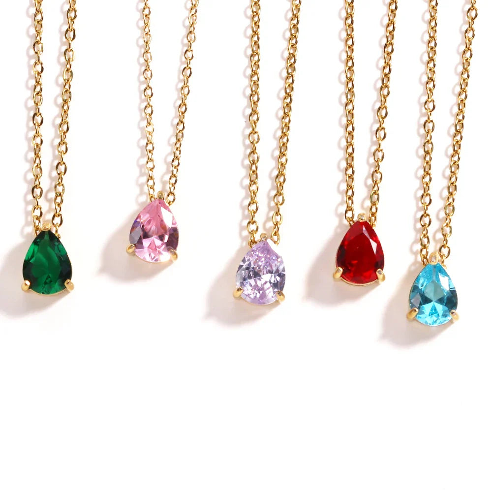 Hot Sale Shiny Crystal Necklace Stainless Steel Teardrop Zirconia Pendant Women's Birthstone Collarbone Chain Wholesale