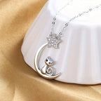 925 Sterling Silver Star Moon Necklace Cute Cat Zircon Pendant Necklace Collarbone Chain