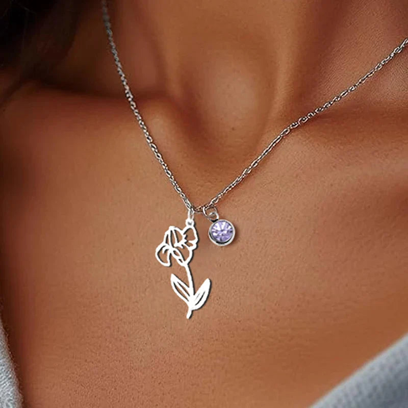 12 Months Birthstone Birth Flower Necklace For Women Stainless Steel Jewelry Birthday Gifts