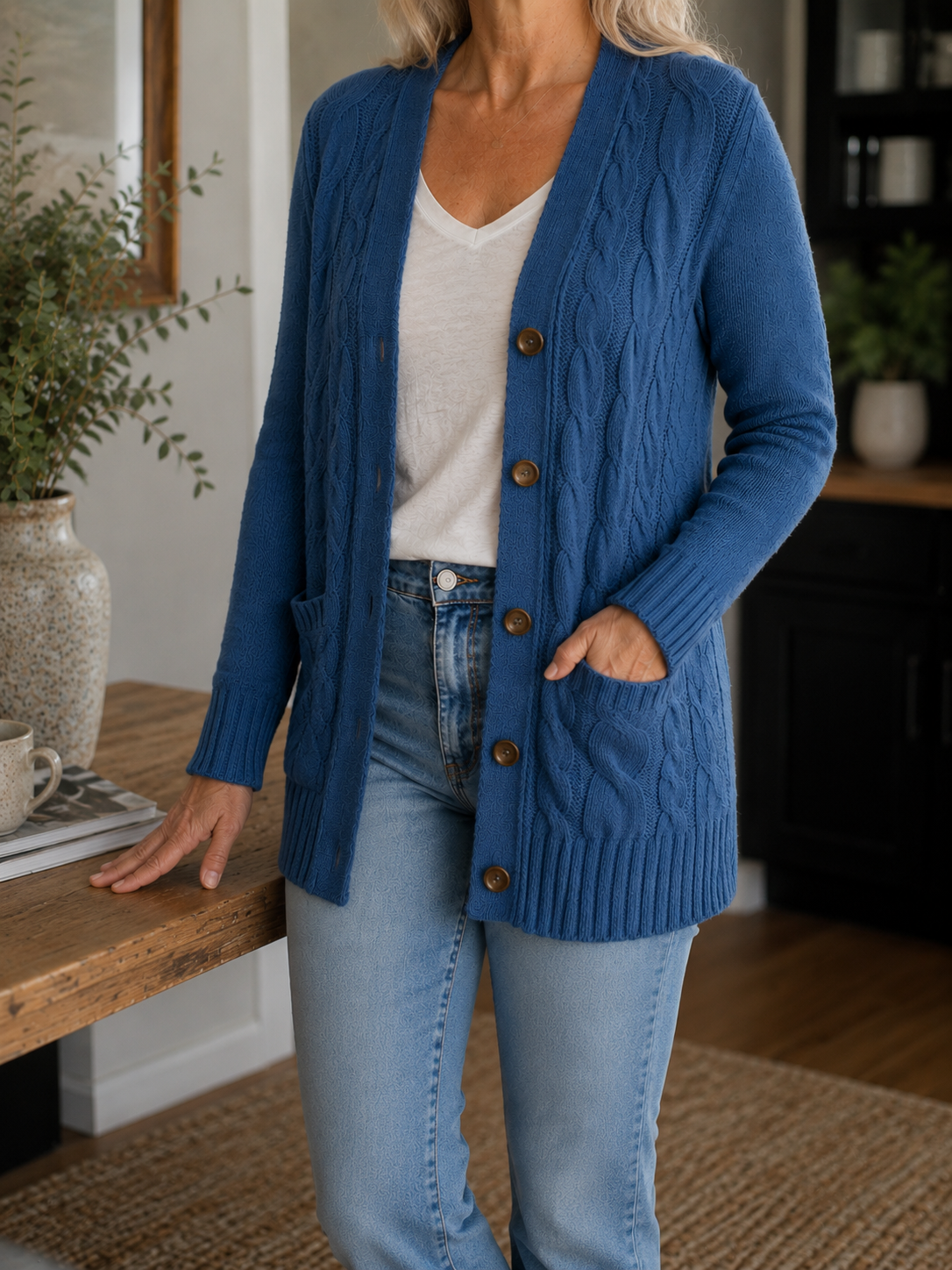 Women’s Cable Knit Cardigan Sweater – Long Sleeve Loose Fit Autumn/Winter Layering