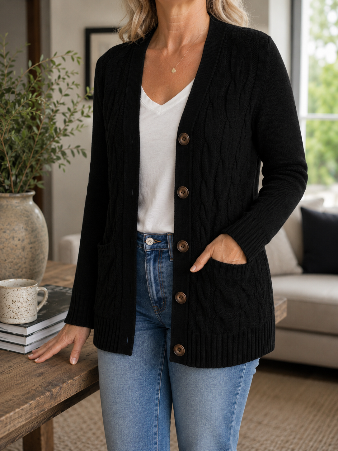 Women’s Cable Knit Cardigan Sweater – Long Sleeve Loose Fit Autumn/Winter Layering