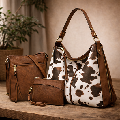 Luxury Leather 3-Piece Hobo Bag Set Print