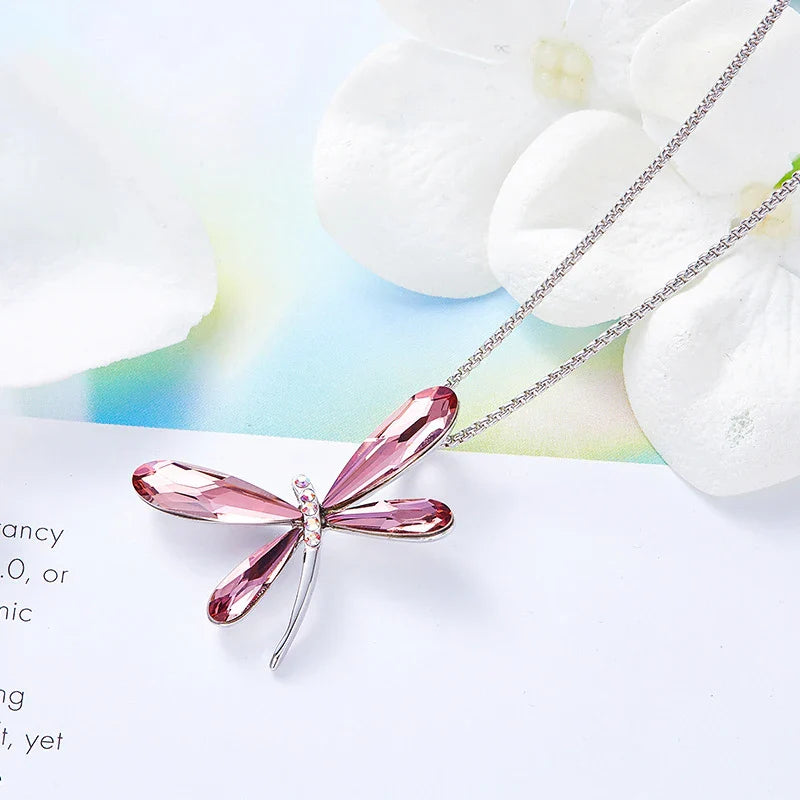 Cute Pink Dragonfly Pendant Necklace for Women Real Crystal from Austria 2025 Trend Necklaces Luxury Jewelry Gift Free Shipping