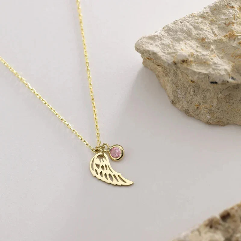 12 Months Birthstone Angle Wing Charm Necklace Gold Plated Stainless Steel Necklace For Women Girls Birthday Gifts