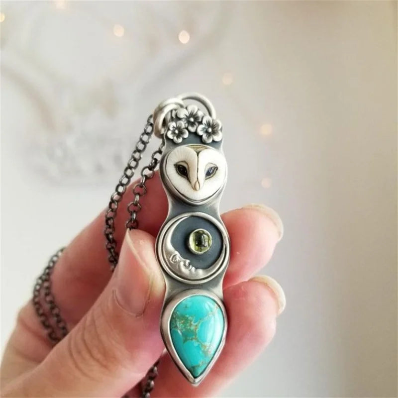 Western Style Women's Turquoise Stone Bar Pendant Necklace with Owl Fashionable Necklaces
