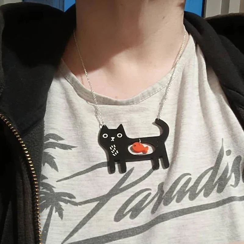 Cute Acrylic Black Cat And Fish Pendant Necklace Kawaii Pet Dog Necklaces For Women Girls Jewelry Gifts