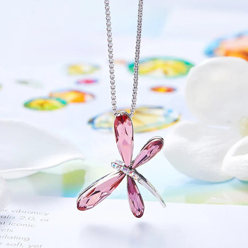 Cute Pink Dragonfly Pendant Necklace for Women Real Crystal from Austria 2025 Trend Necklaces Luxury Jewelry Gift Free Shipping