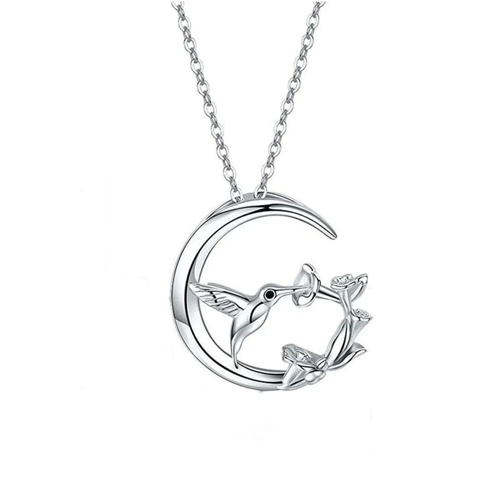 Cute Female Moon Bird Flower Pendant Necklace Vintage Silver Color Wedding Jewelry For Women
