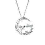 Cute Female Moon Bird Flower Pendant Necklace Vintage Silver Color Wedding Jewelry For Women
