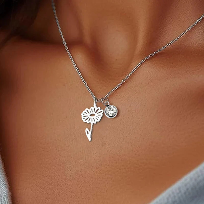 12 Months Birthstone Birth Flower Necklace For Women Stainless Steel Jewelry Birthday Gifts