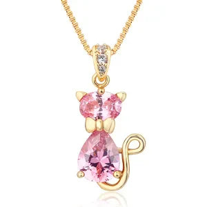 6Colors Cute Kitten Green Cat Gatos Crystals Charms Necklaces & Pendants Chain Necklace Women Grils Jewelry Gold Color Collier