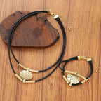 Fashion Oval Metal Necklace Bracelet Set For Women Vintage Gold Silver Color 2Pcs/Set Faux Leather Double Layered Chain Jewelry