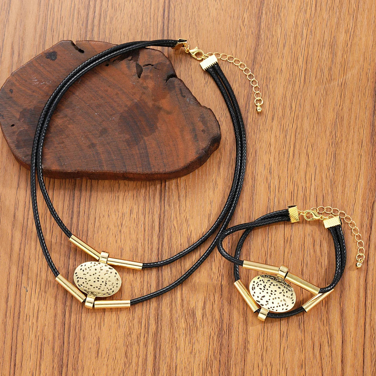 Fashion Oval Metal Necklace Bracelet Set For Women Vintage Gold Silver Color 2Pcs/Set Faux Leather Double Layered Chain Jewelry