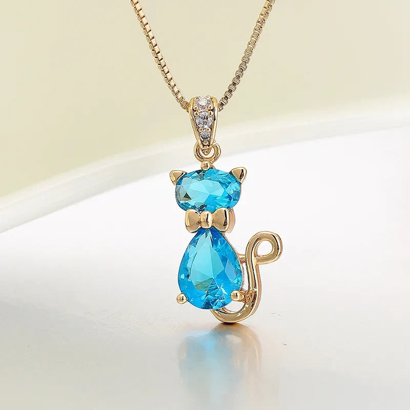6Colors Cute Kitten Green Cat Gatos Crystals Charms Necklaces & Pendants Chain Necklace Women Grils Jewelry Gold Color Collier