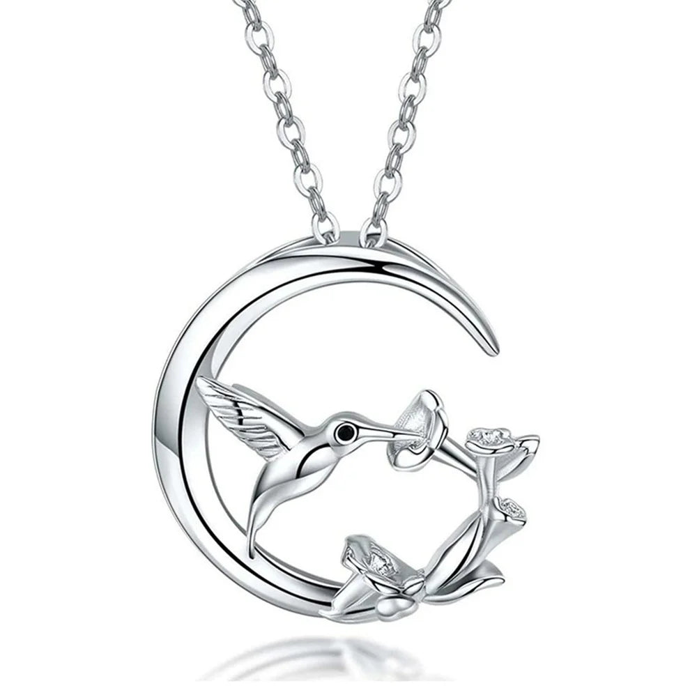 Cute Female Moon Bird Flower Pendant Necklace Vintage Silver Color Wedding Jewelry For Women