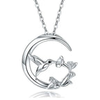 Cute Female Moon Bird Flower Pendant Necklace Vintage Silver Color Wedding Jewelry For Women