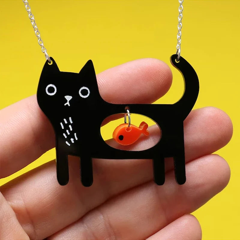 Cute Acrylic Black Cat And Fish Pendant Necklace Kawaii Pet Dog Necklaces For Women Girls Jewelry Gifts
