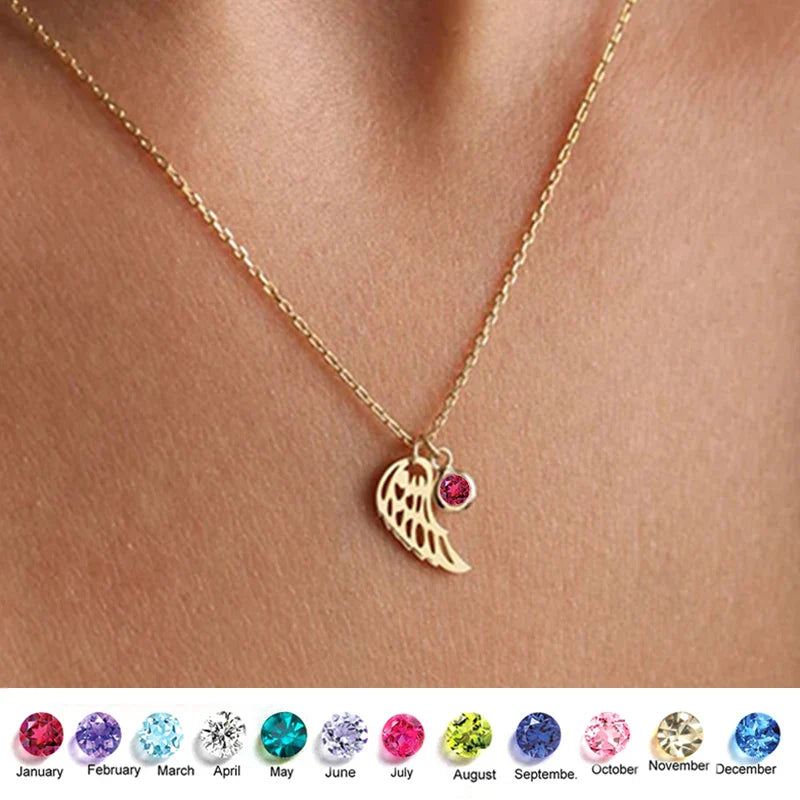 12 Months Birthstone Angle Wing Charm Necklace Gold Plated Stainless Steel Necklace For Women Girls Birthday Gifts