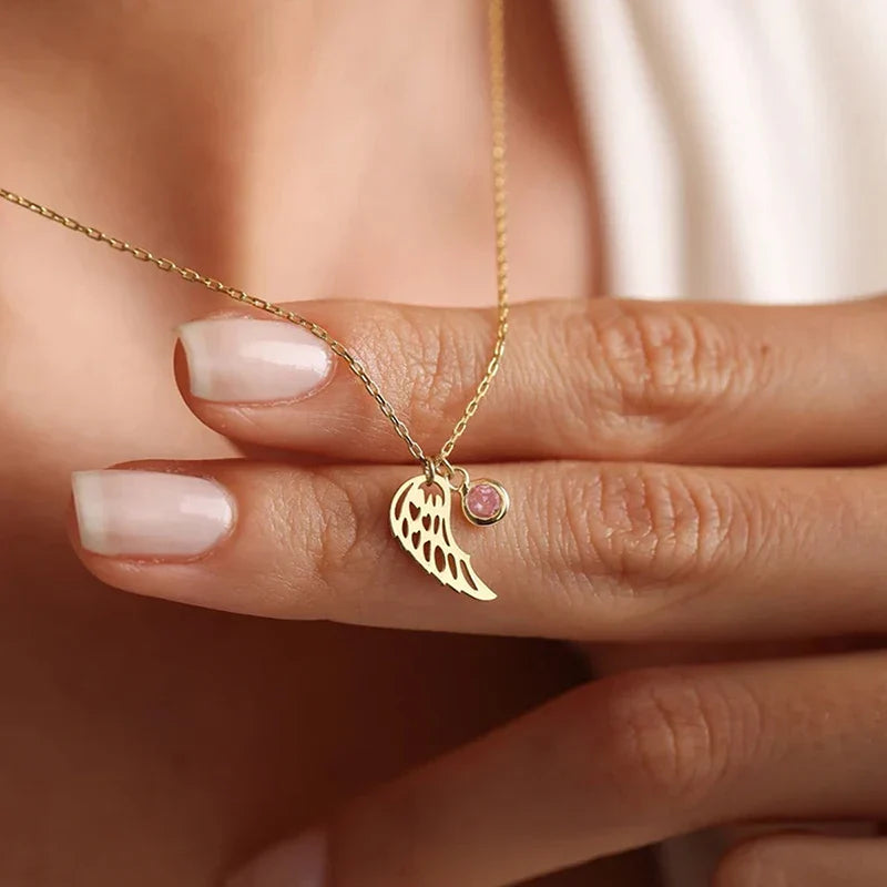 12 Months Birthstone Angle Wing Charm Necklace Gold Plated Stainless Steel Necklace For Women Girls Birthday Gifts