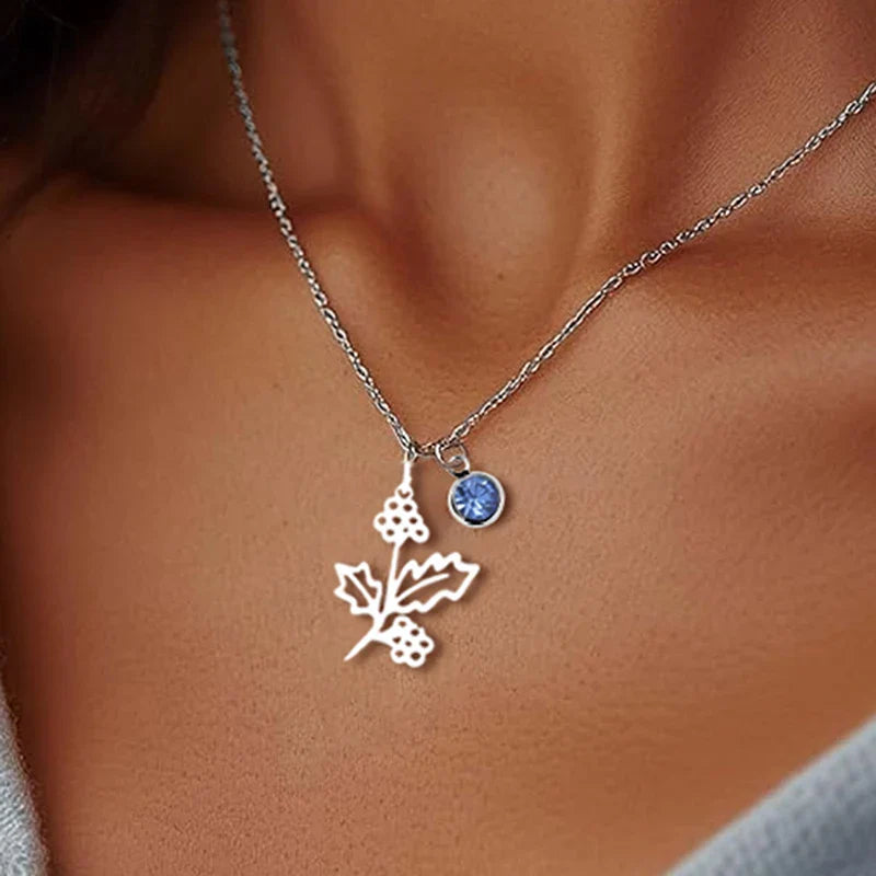 12 Months Birthstone Birth Flower Necklace For Women Stainless Steel Jewelry Birthday Gifts
