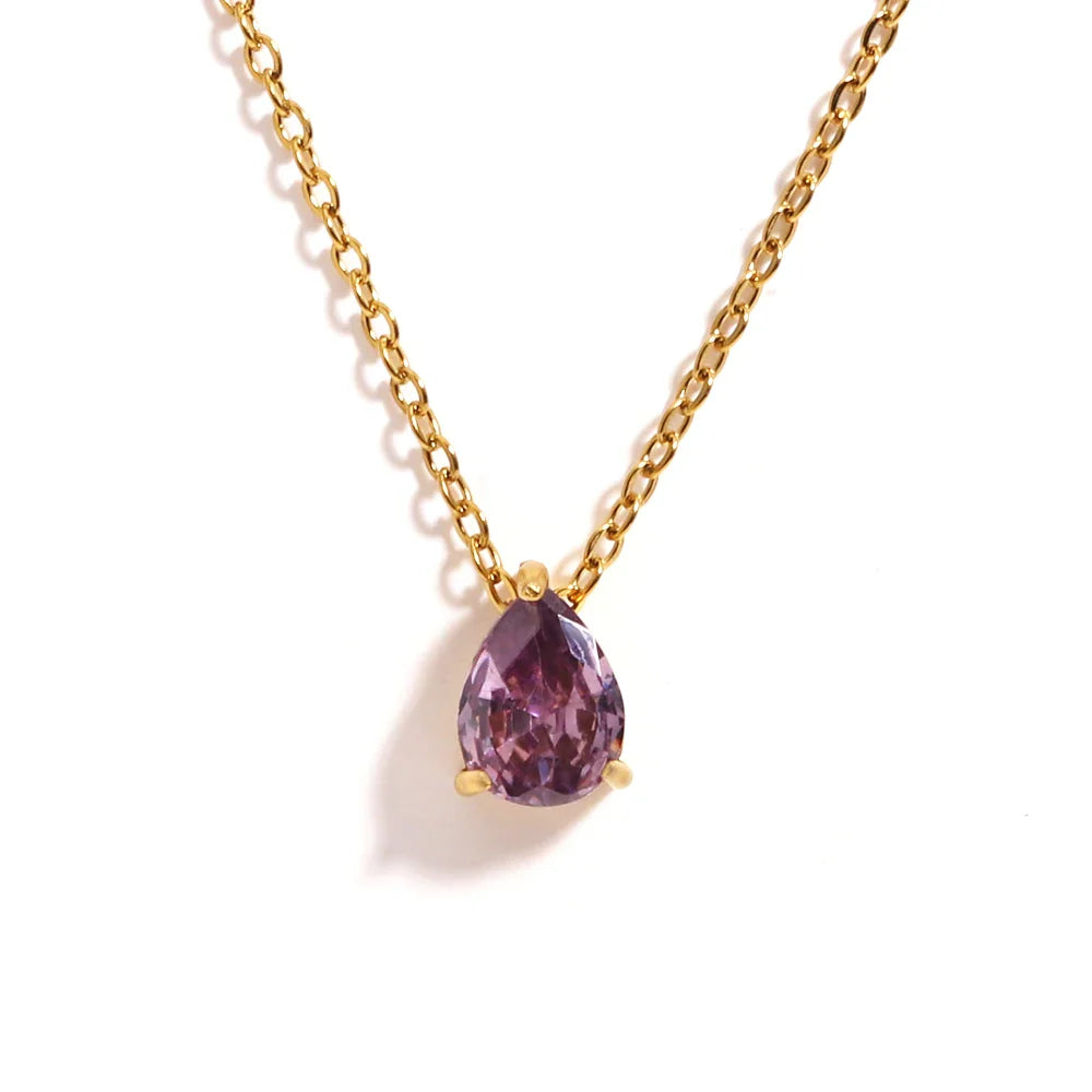 Hot Sale Shiny Crystal Necklace Stainless Steel Teardrop Zirconia Pendant Women's Birthstone Collarbone Chain Wholesale