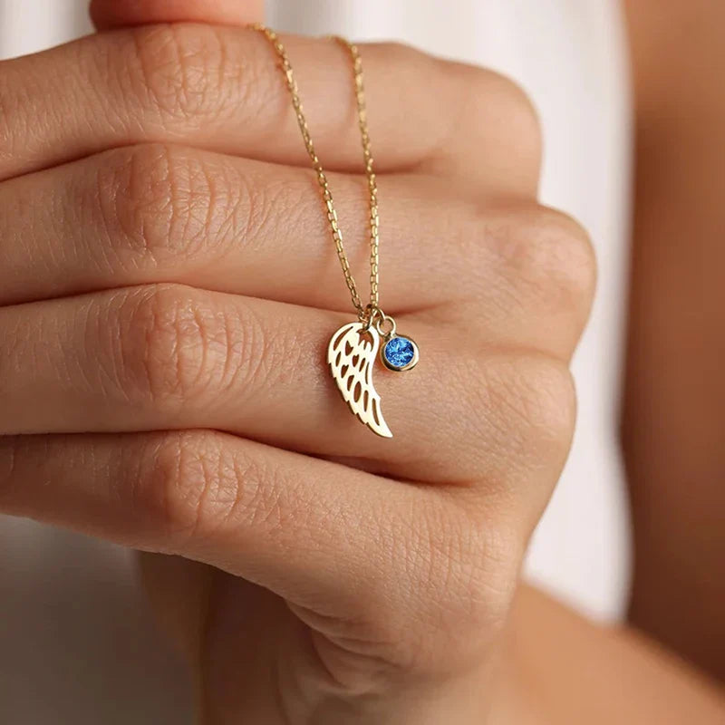 12 Months Birthstone Angle Wing Charm Necklace Gold Plated Stainless Steel Necklace For Women Girls Birthday Gifts