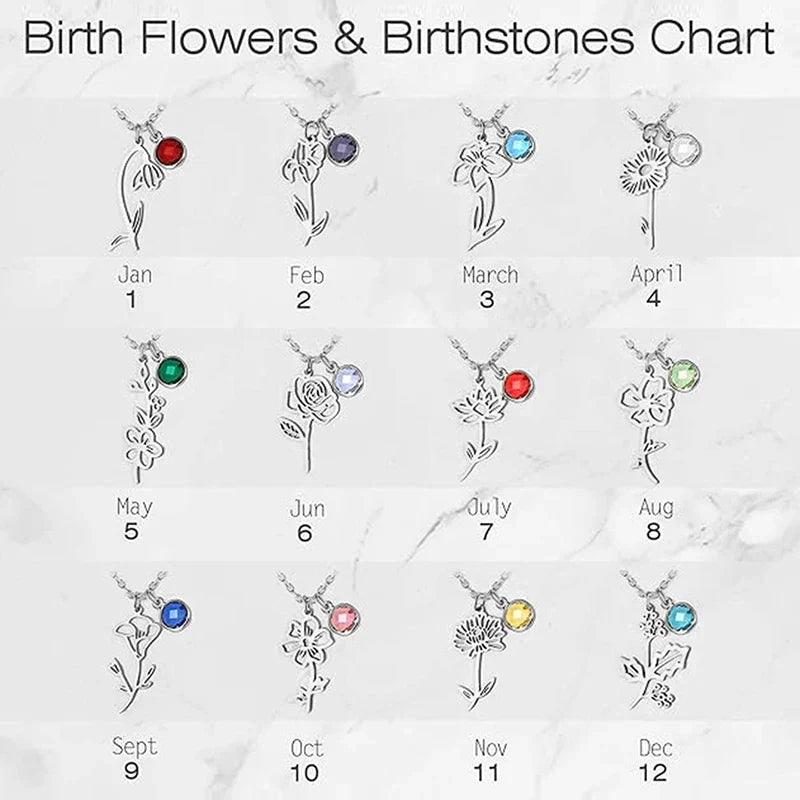 12 Months Birthstone Birth Flower Necklace For Women Stainless Steel Jewelry Birthday Gifts