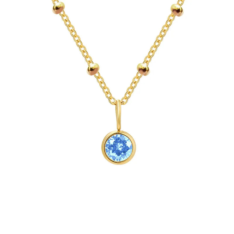 Stainless Steel Danity Birthstone Necklace Beaded Chain Choker Zirconia Jewelry Constellation Birthday Gift