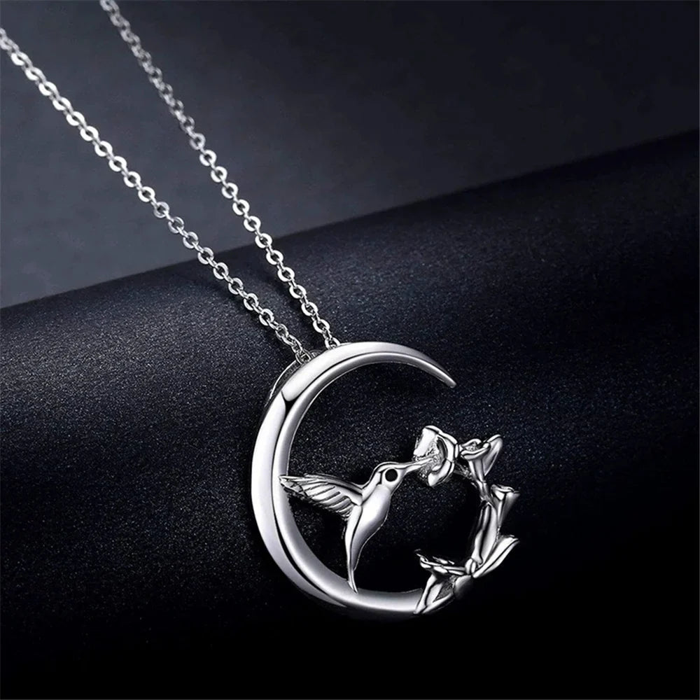 Cute Female Moon Bird Flower Pendant Necklace Vintage Silver Color Wedding Jewelry For Women