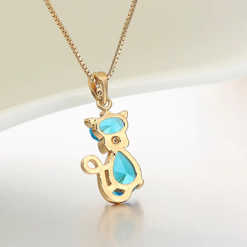 6Colors Cute Kitten Green Cat Gatos Crystals Charms Necklaces & Pendants Chain Necklace Women Grils Jewelry Gold Color Collier