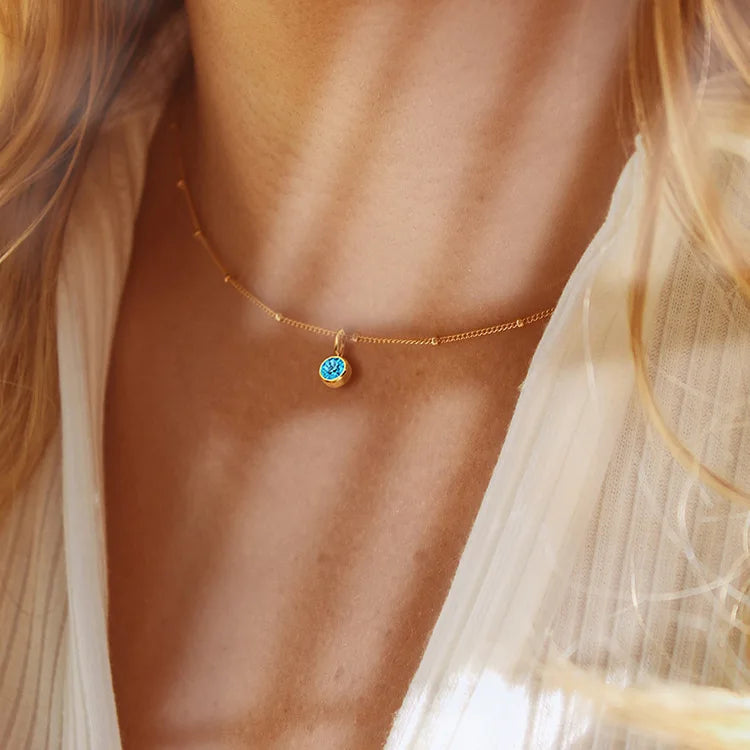 Stainless Steel Danity Birthstone Necklace Beaded Chain Choker Zirconia Jewelry Constellation Birthday Gift