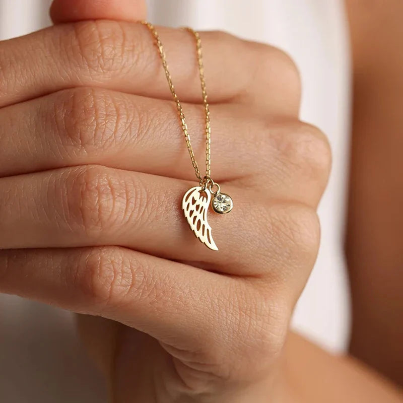 12 Months Birthstone Angle Wing Charm Necklace Gold Plated Stainless Steel Necklace For Women Girls Birthday Gifts