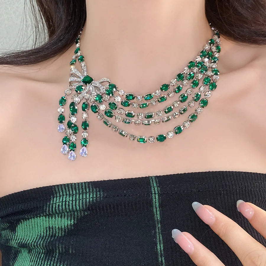 NISHIZAWA Diamond Zircon Bow Pendant Necklace Retro Palace Style Elegant Clavicle Chain Luxury Necklace