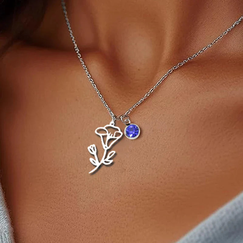 12 Months Birthstone Birth Flower Necklace For Women Stainless Steel Jewelry Birthday Gifts