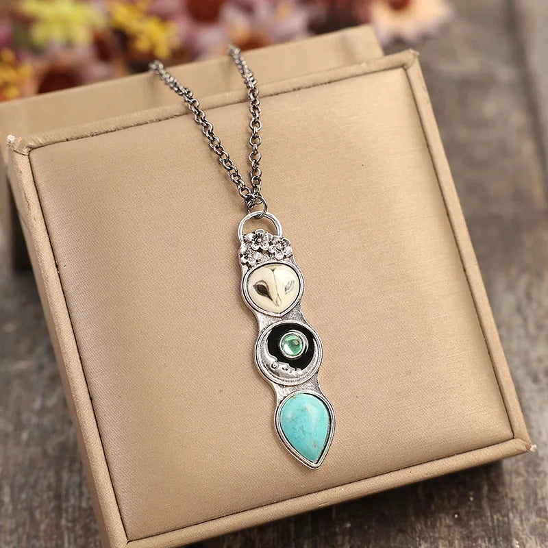 Western Style Women's Turquoise Stone Bar Pendant Necklace with Owl Fashionable Necklaces
