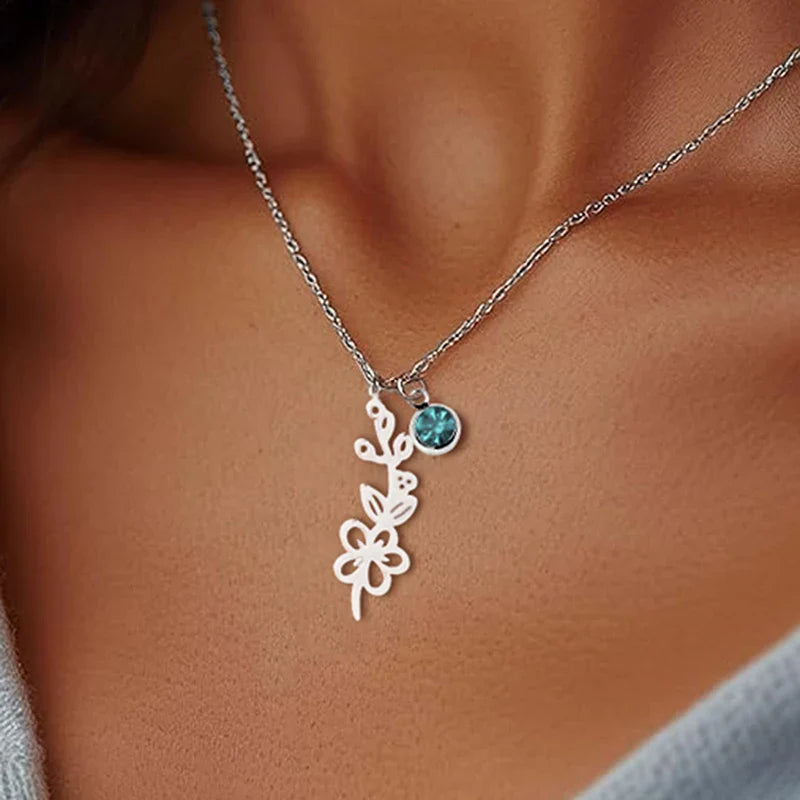 12 Months Birthstone Birth Flower Necklace For Women Stainless Steel Jewelry Birthday Gifts