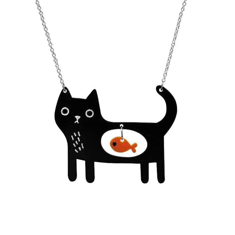 Cute Acrylic Black Cat And Fish Pendant Necklace Kawaii Pet Dog Necklaces For Women Girls Jewelry Gifts