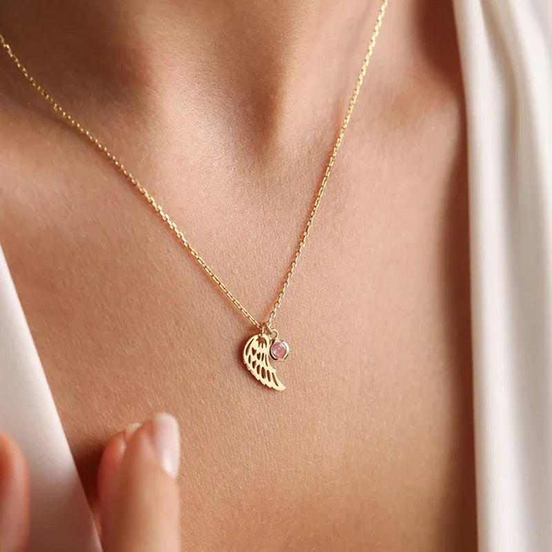 12 Months Birthstone Angle Wing Charm Necklace Gold Plated Stainless Steel Necklace For Women Girls Birthday Gifts