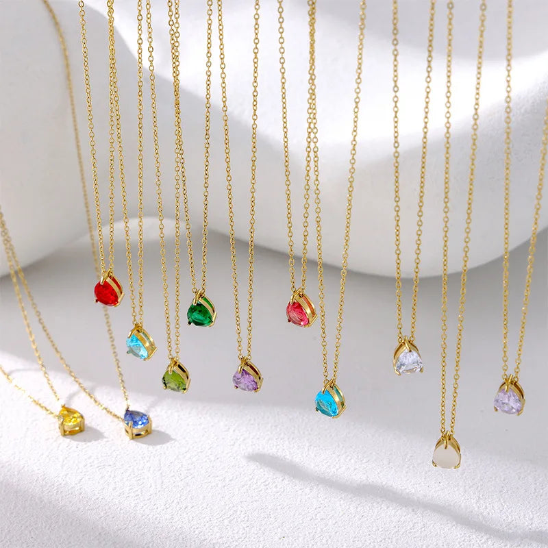 Hot Sale Shiny Crystal Necklace Stainless Steel Teardrop Zirconia Pendant Women's Birthstone Collarbone Chain Wholesale