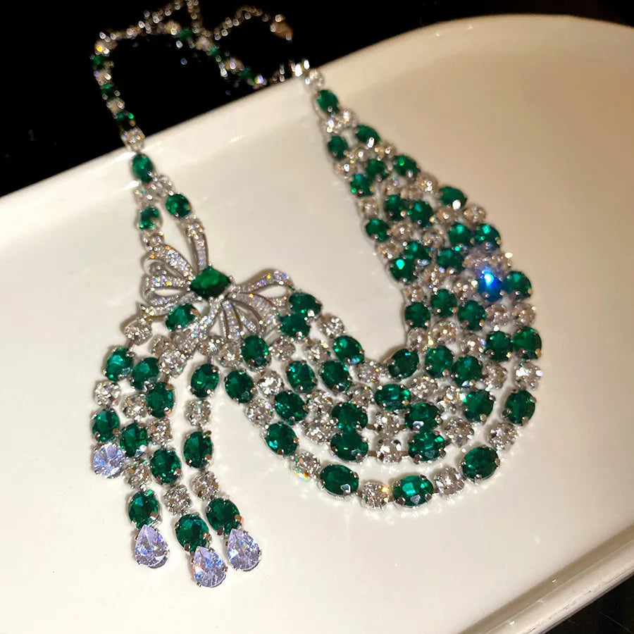 NISHIZAWA Diamond Zircon Bow Pendant Necklace Retro Palace Style Elegant Clavicle Chain Luxury Necklace