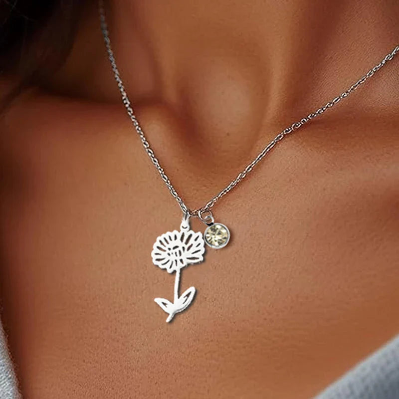 12 Months Birthstone Birth Flower Necklace For Women Stainless Steel Jewelry Birthday Gifts