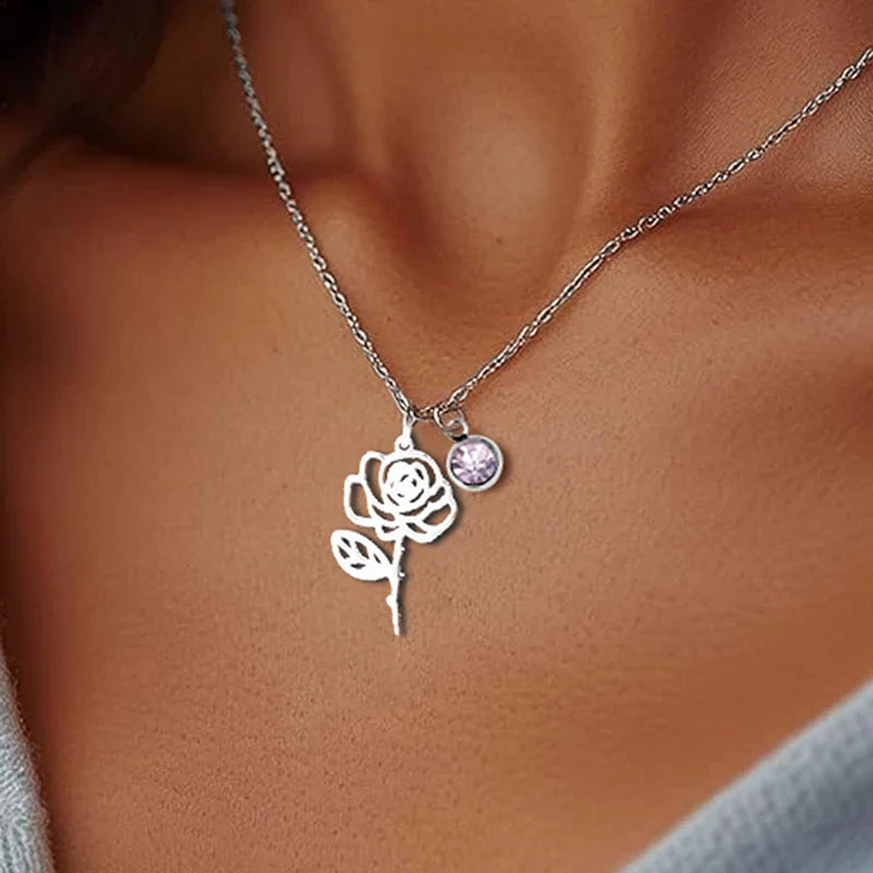 12 Months Birthstone Birth Flower Necklace For Women Stainless Steel Jewelry Birthday Gifts