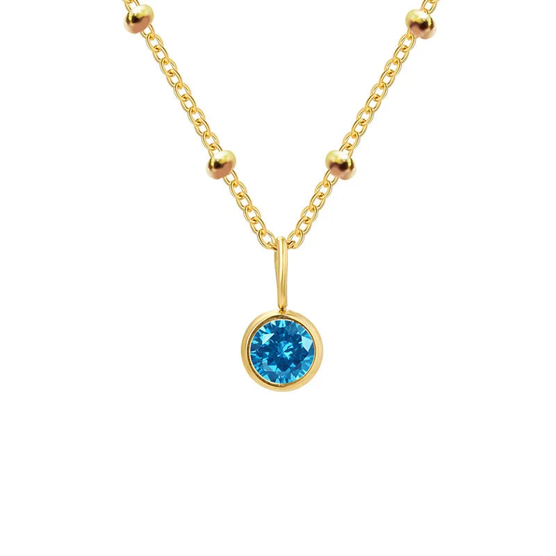 Stainless Steel Danity Birthstone Necklace Beaded Chain Choker Zirconia Jewelry Constellation Birthday Gift