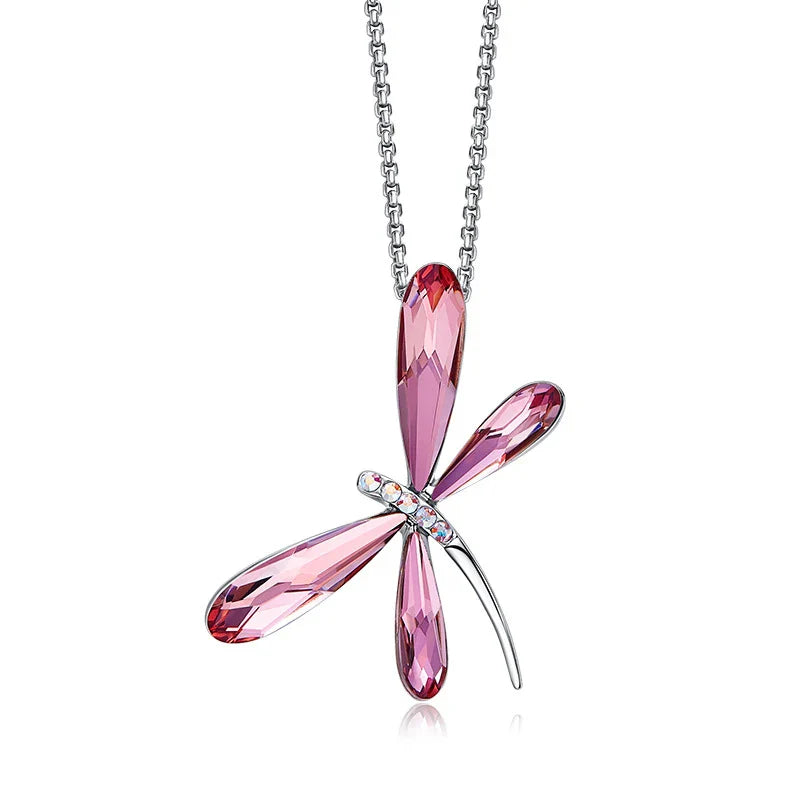 Cute Pink Dragonfly Pendant Necklace for Women Real Crystal from Austria 2025 Trend Necklaces Luxury Jewelry Gift Free Shipping